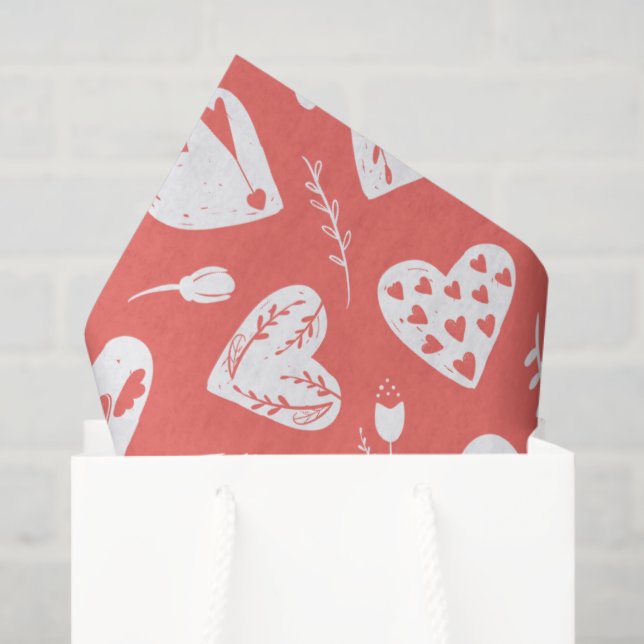 Papel De Seda Romántico Floral Valentine Hearts Pattern Coral (Bolsa de regalo)