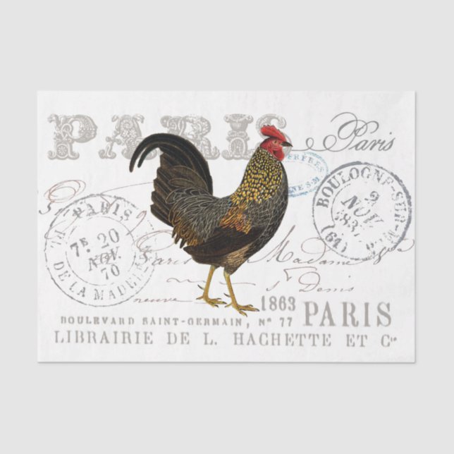 Papel De Seda Rooster Bird Farmhouse French Script Decoupage (Anverso)