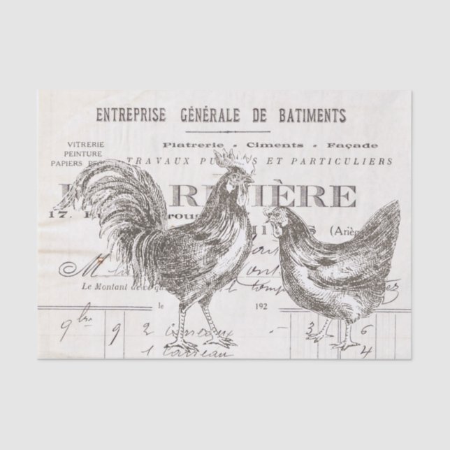 Papel De Seda Rooster Hen, escritura francesa Ephemera Bird Deco (Anverso)