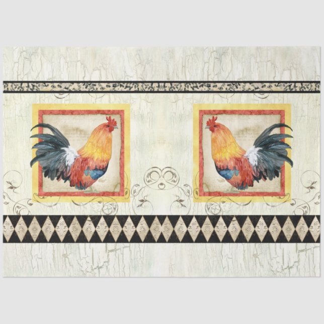 Papel De Seda Rooster Watercolor Rustic Harlequin Wood Decoupage (Anverso)
