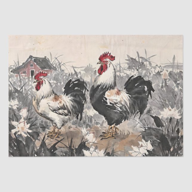 Papel De Seda Roosters Chinese Ink Painting Decoupage (Anverso)