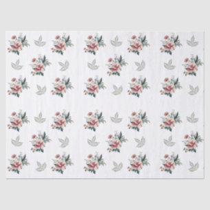 Papel De Seda Rosa acuarela rosa con follaje azul verdoso