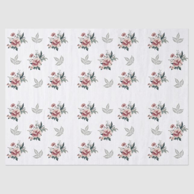 Papel De Seda Rosa acuarela rosa con follaje azul verdoso (Anverso)