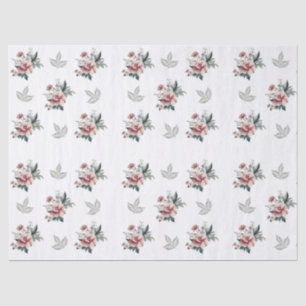 Papel De Seda Rosa acuarela rosa con follaje Verde azulado