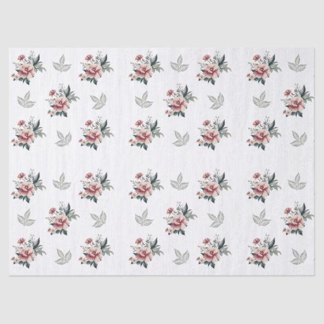 Papel De Seda Rosa acuarela rosa con follaje Verde azulado (Anverso)