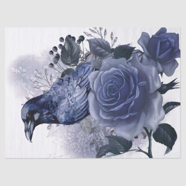 Papel De Seda Rosa azul Raven Bird Blue Whimsical Decoupage (Anverso)