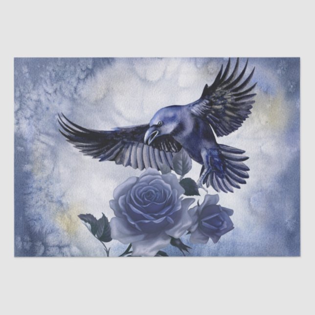 Papel De Seda Rosa azul Raven Bird Blue Whimsical Decoupage (Anverso)