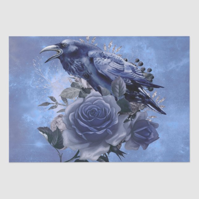 Papel De Seda Rosa azul Raven Bird Blue Whimsical Decoupage (Anverso)