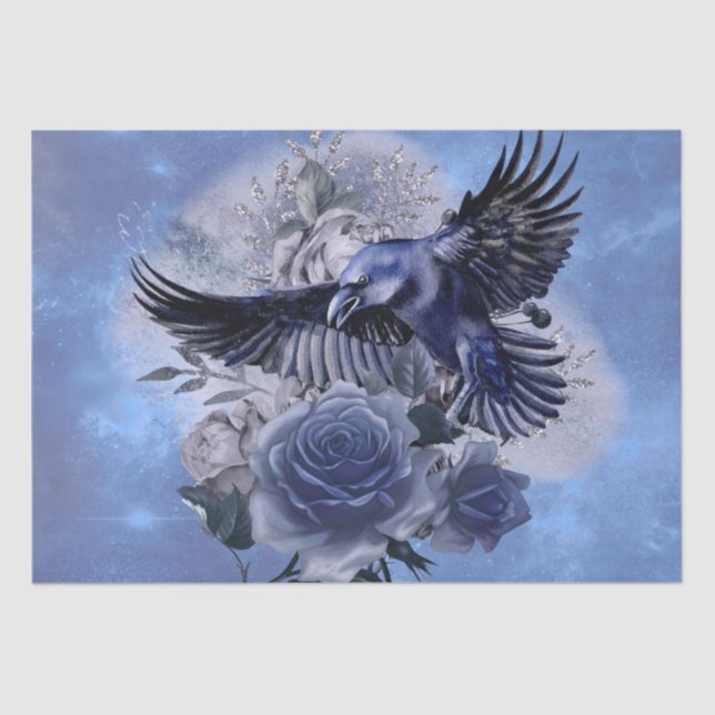 Papel De Seda Rosa azul Raven Bird Blue Whimsical Decoupage (Anverso)