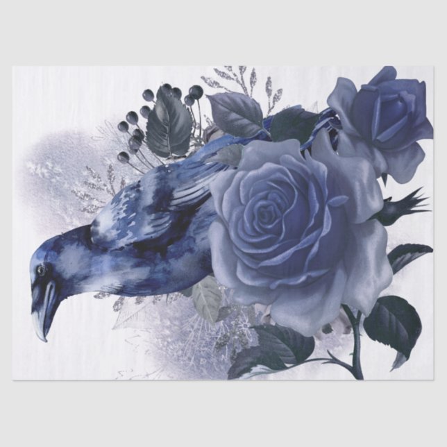 Papel De Seda Rosa azul Raven Bird Blue Whimsical Decoupage (Anverso)