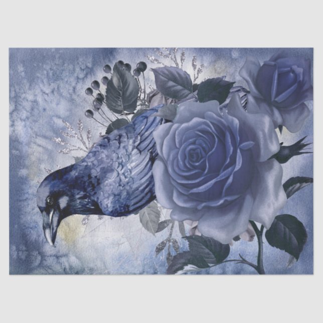 Papel De Seda Rosa azul Raven Bird Blue Whimsical Decoupage (Anverso)