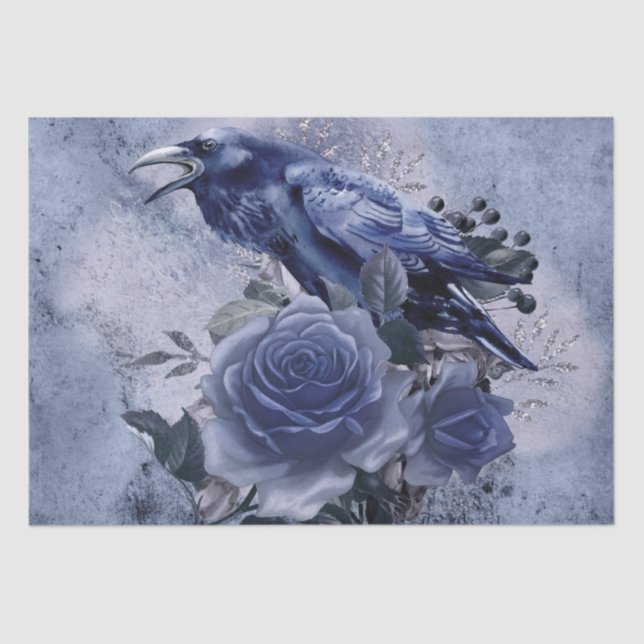 Papel De Seda Rosa azul Raven Bird Blue Whimsical Decoupage (Anverso)