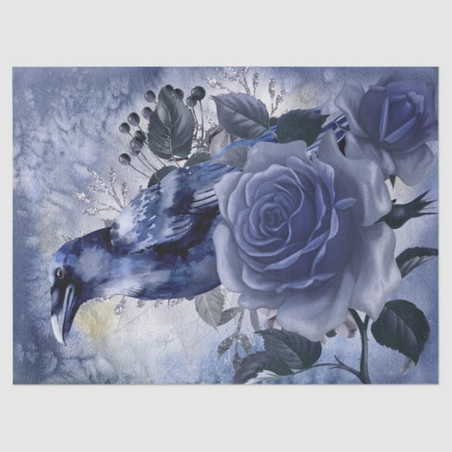 Papel De Seda Rosa azul Raven Bird Blue Whimsical Decoupage (Anverso)
