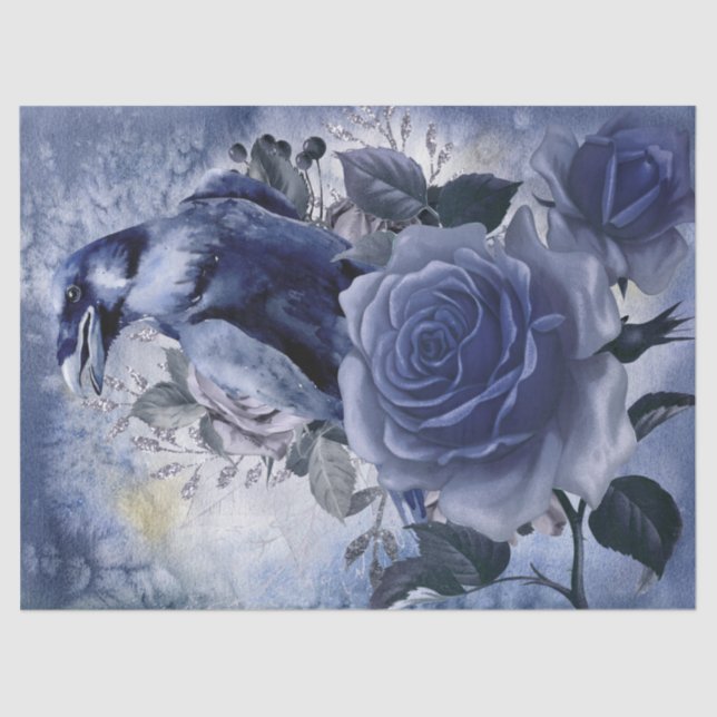 Papel De Seda Rosa azul Raven Bird Blue Whimsical Decoupage (Anverso)