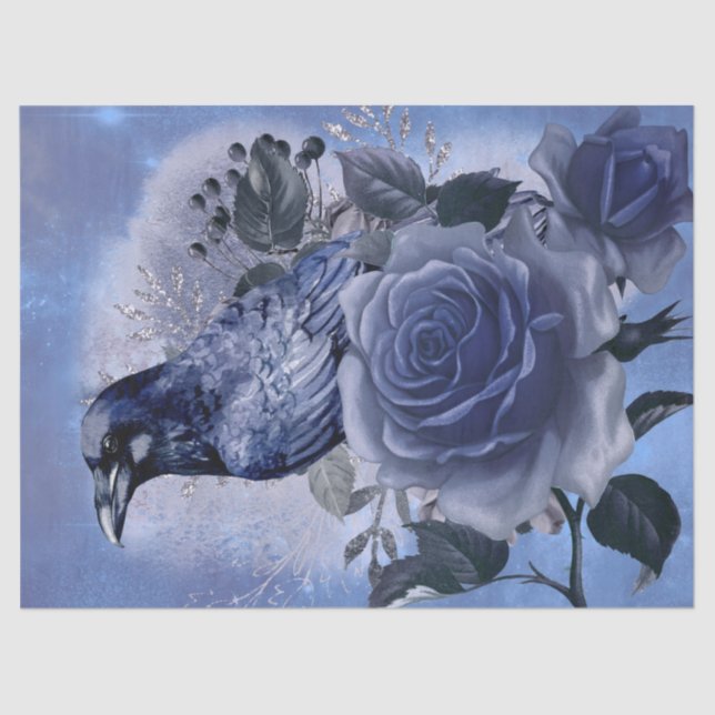 Papel De Seda Rosa azul Raven Bird Blue Whimsical Decoupage (Anverso)