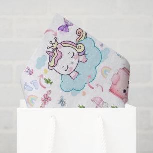 Papel de seda rosa azul unicornio arcoíris gato