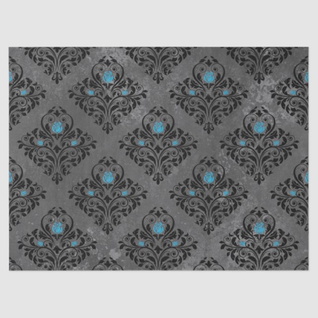 Papel De Seda Rosa azul y desconchado negro de Damasco (Anverso)