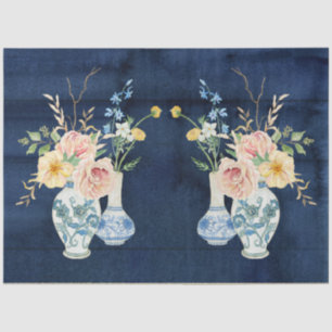 Papel De Seda Rosa Chinoiserie Peony Flowers Marina Blue Wood 