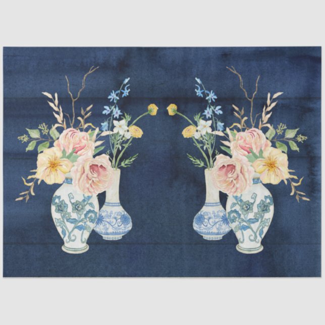 Papel De Seda Rosa Chinoiserie Peony Flowers Marina Blue Wood (Anverso)