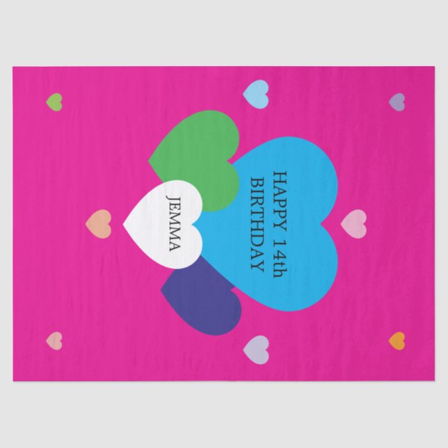 Papel De Seda Rosa con corazones de cumpleaños  (Anverso)