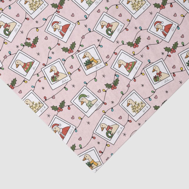 Papel de seda rosa con gansos de Navidad dibujados (Detalle)