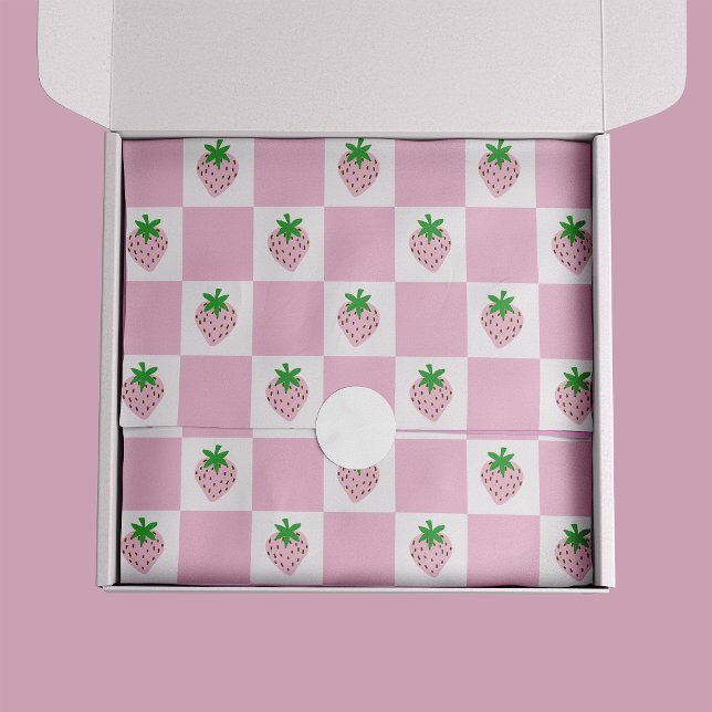 Papel De Seda Rosa Cuadros de Fresa de Verano (Pink Strawberry checkerbaord preppy tissue paper sheets)