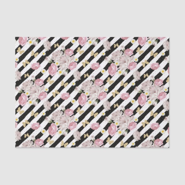 Papel De Seda Rosa de margarita de mariposa Floral Negro Blanco  (Anverso)