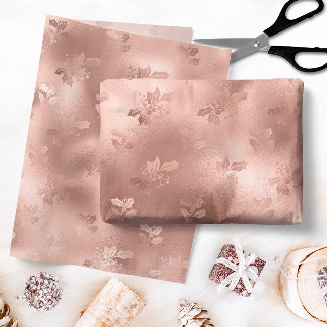Papel De Seda Rosa de Navidad Patrón de Hojas de Acebo en Oro (Subido por el creador)