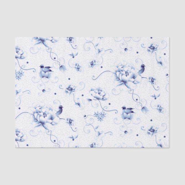 Papel De Seda Rosa de pájaro azul Chinoiserie Floral (Anverso)