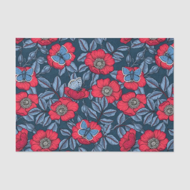 Papel De Seda Rosa de perro y mariposas en azul y rojo (Anverso)