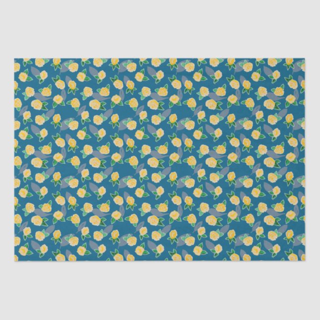 Papel De Seda Rosa floral amarilla sobre azul (Anverso)