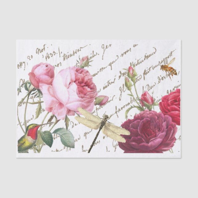 Papel De Seda Rosa Hummingbird Dragonfly French Script Honeybee (Anverso)