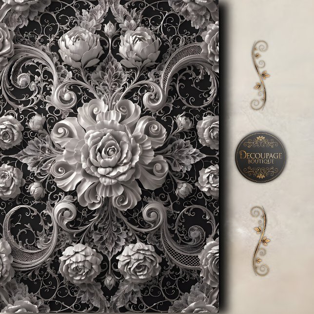 Papel De Seda Rosa Negra Blanca Damasco Decoupage (Black White Rose Damask Decoupage Tissue Paper)