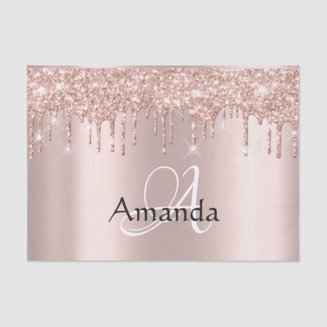Papel De Seda Rosa Nombre dorado Monograma Purpurina de chispa (Anverso)