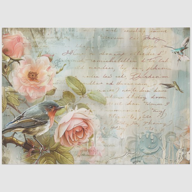 Papel De Seda Rosa Pálida Vintage Pájaros Decoupage (Anverso)