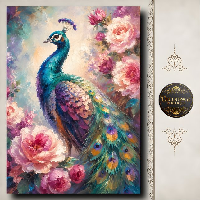 Papel De Seda Rosa Pavón Decoupage (Pink Rose Peacock Decoupage Tissue Paper)