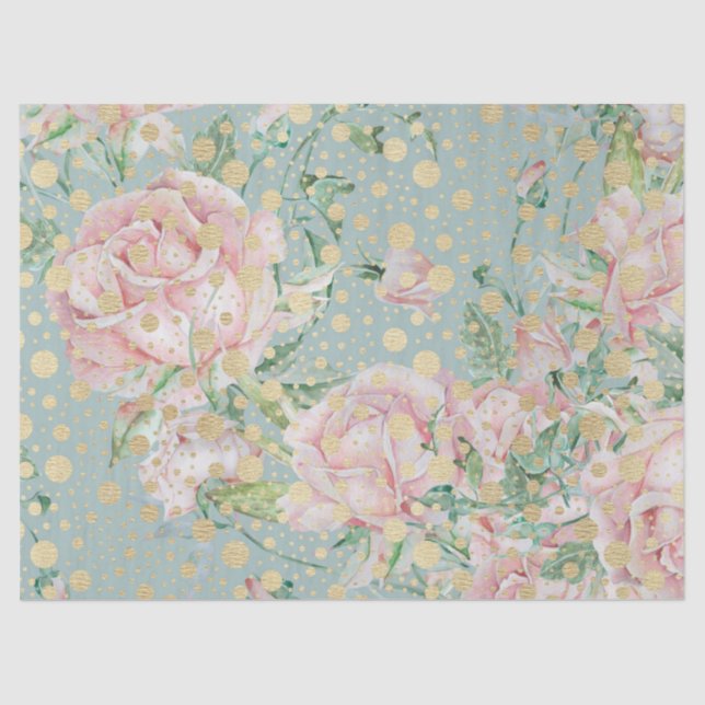 Papel De Seda Rosa rosa floral punto oro verde azulado elegante  (Anverso)