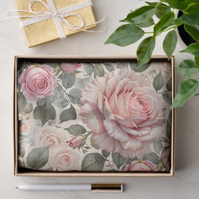 Papel De Seda Rosa Rosa Gigante y Capullos Botánico (Regalo )