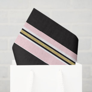 Papel de seda rosa y blanco con raya negra dorada