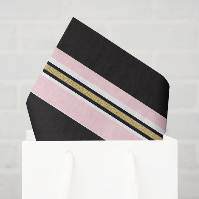 Papel de seda rosa y blanco con raya negra dorada (Bolsa de regalo)