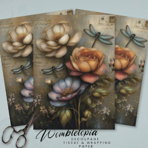 Papel De Seda Rosa y libélula caprichosas, decoupage de efímeras