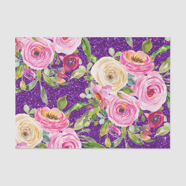 Papel De Seda Rosas acuarelas en Purpurina rosa y morado crema (Anverso)