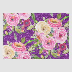 Papel De Seda Rosas acuarelas en Purpurina rosa y morado crema