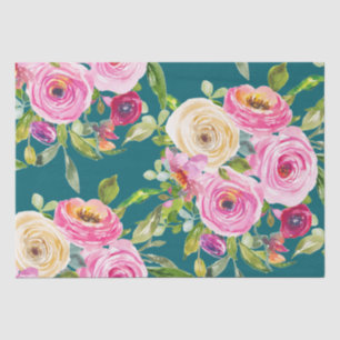 Papel De Seda Rosas acuarelas en rosa y crema en Verde azulado