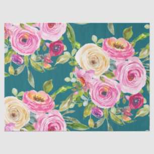 Papel De Seda Rosas acuarelas en rosa y crema en Verde azulado