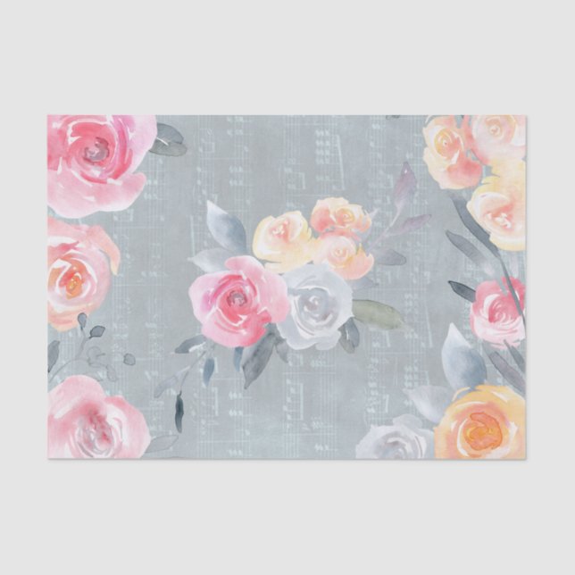 Papel De Seda rosas acuarelas sobre la textura azul de las hojas (Anverso)