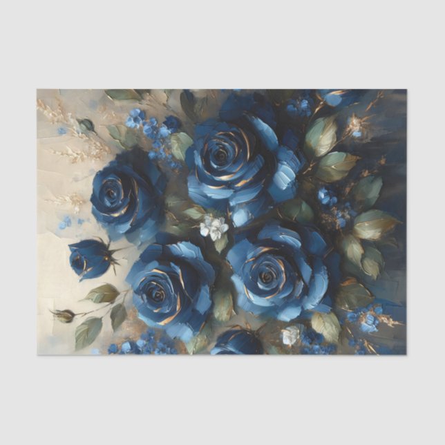 Papel De Seda Rosas azul marino con desafuero impresionista dora (Anverso)
