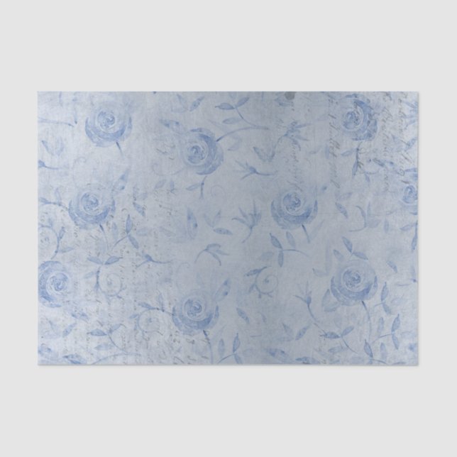 Papel De Seda Rosas Azules Chic Floral Plateado Brillante (Anverso)