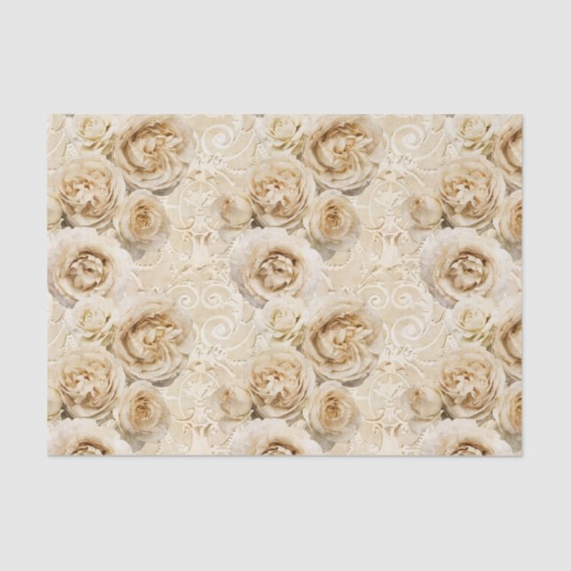 Papel De Seda Rosas beige de la herencia con damasco (Anverso)