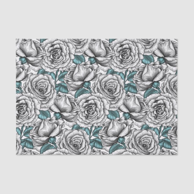 Papel De Seda Rosas blancas con hojas azules (Anverso)